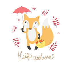 Autumn card with cute cartoon fox, an umbrella, a basket with mushrooms and leaves of a mountain ash.