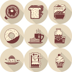 Morning breakfast brown vector icons set