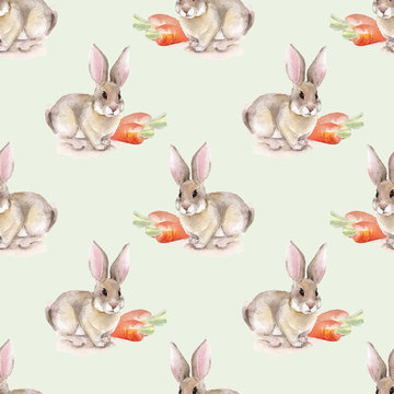 Rabbit and carrot. Seamless pattern. Cute watercolor background in vector