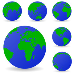 Set of vector globe icons showing earth with all continents