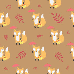 Autumn seamless pattern with foxes and leaves on a brown background.