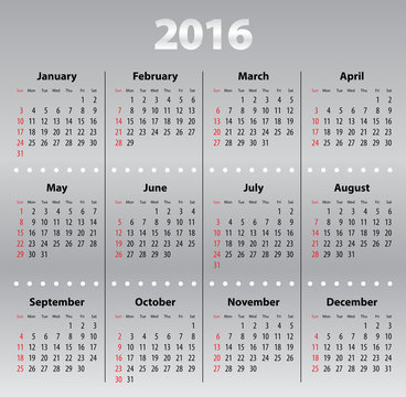 Light gray calendar grid for 2016