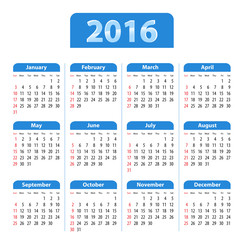 Blue glossy English calendar for 2016