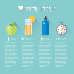 Flat stylish illustration banners set. Medicine and health care, food, sport theme.