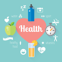 Flat stylish illustration banners set. Medicine and health care, food, sport theme.