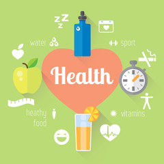 Flat stylish illustration banners set. Medicine and health care, food, sport theme.