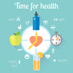 Flat stylish illustration banners set. Medicine and health care, food, sport theme.