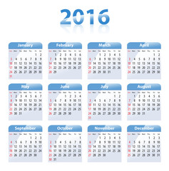 English blue glossy calendar for 2016