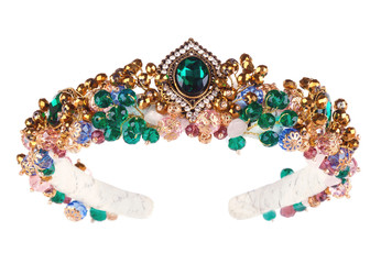 Luxury jewelry handmade tiara with green emerald, crystals and golden beads  © SweetJulie