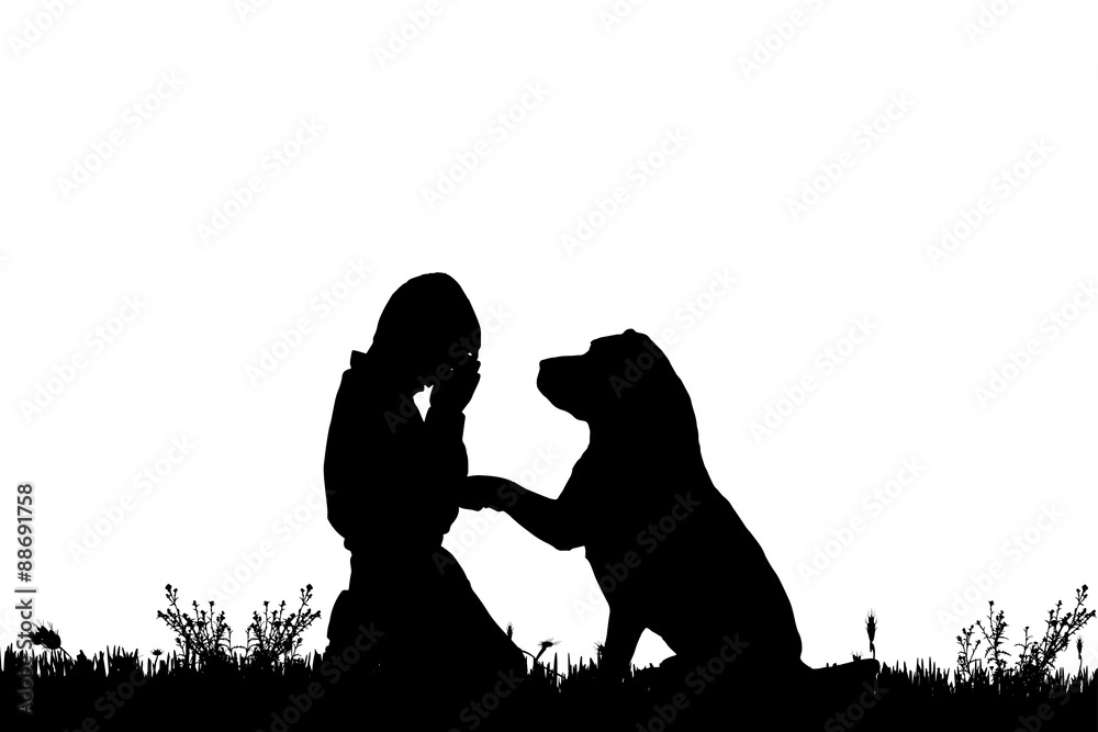 Canvas Prints vector silhouette of a boy with a dog.