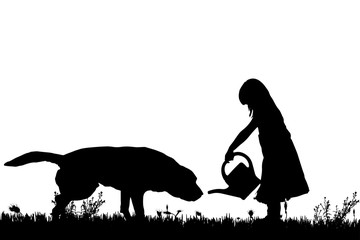 Vector silhouette of a girl with a dog.