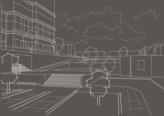 Linear architectural sketch residential quarter on gray background