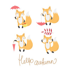 Autumn set with four cute cartoon foxes and umbrellas.