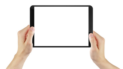 adult man hand holding generic tablet pc with white screen