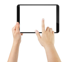 female teen hand using tablet pc with white screen, isolated