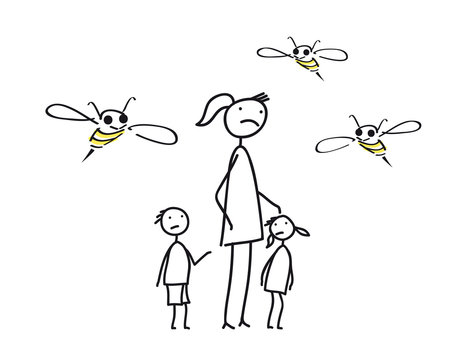 Wespernalarm - Mutti mit zwei Kindern wird von Wespen geplagt - Wespenplage - Achtung - Vorsicht, Allergie, Allergisch sein