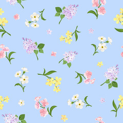 Fototapeta premium Seamless pattern with colorful flowers on blue. Vector illustration.