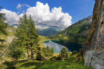 Naklejka na ściany i meble Lago di Campo - Adamello Trento Italy. Lago di Campo (Campo lake) 1944 m. Small beautiful alpine lake in the National Park of Adamello Brenta, Trentino Alto Adige, Italy