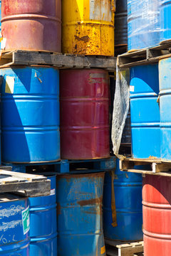 Rows of stacked oil barrels