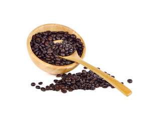 Coffee beans in wooden cup  on white background