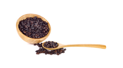 Coffee beans in wooden cup and spoon on white background