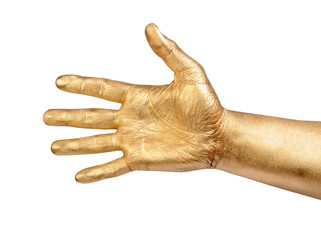 Gold male hand in welcome gesture over white