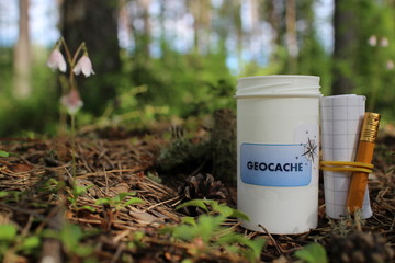 Geocaching and geocache container in forest