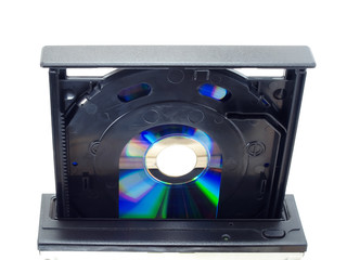 below of opened Cd or Dvd disc tray on white, device for storage data