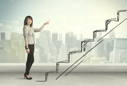 Business woman climbing up on hand drawn staircase concept