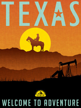 Retro illustrated travel poster for Texas