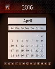 Template business calendar 2016 with design in tea, coffee and chocolate colors, April