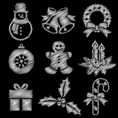 Vektor Set: Icons Weihnachten schraffiert, weiß auf schwarz, Kreidetafel, Vektor 