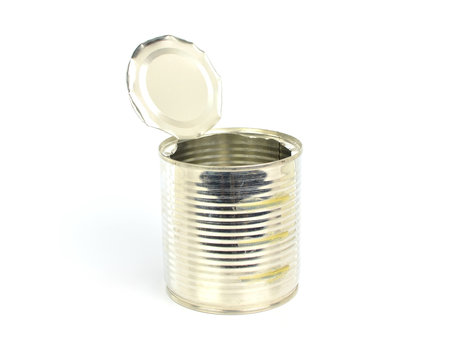 Open an empty tin can on white background