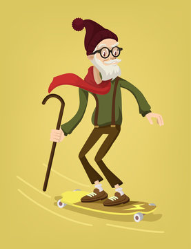 Grandfather skater. Vector cartoon flat illustration