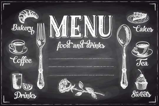 Vector hand drawn breakfast and branch background on chalkboard.
