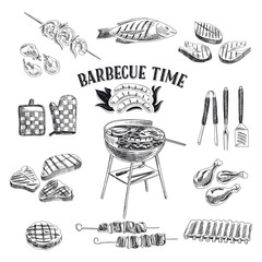 Vector set of barbecue and grill elements. Vector illustration i - obrazy, fototapety, plakaty