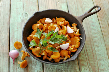 Fried chanterelles with onion on pan