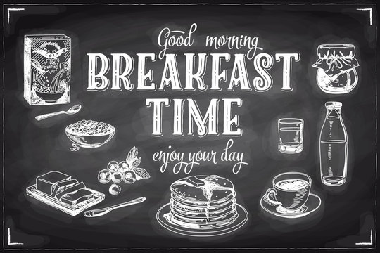 Vector hand drawn breakfast and branch background on chalkboard.