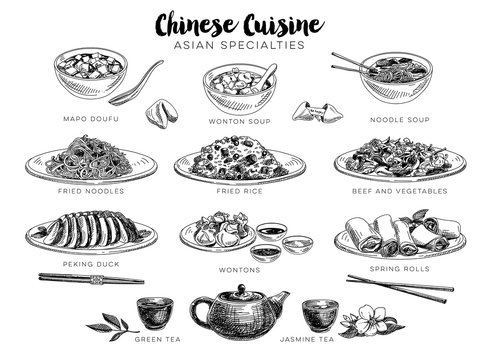 Vector hand drawn illustration with chinese food. 
