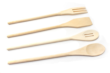 Wooden cutlery set isolated on white