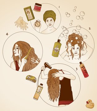 Handgezeichnete Frauen bei der Haarpflege (Tönen / Färben)