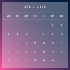 Calendar April 2016 vector design template - Minimalism Style