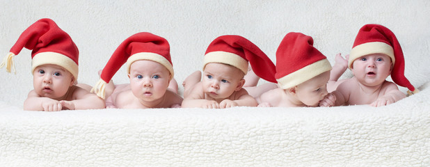 babies with santa hats on bright background