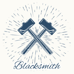 hammer and vintage sun burst frame. Blacksmith emblem - 88708979