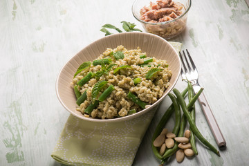 cold rice salad with tuna greenbeans almond and mint