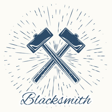 hammer and vintage sun burst frame. Blacksmith emblem