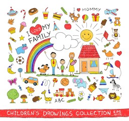 Obraz premium Child hand drawing illustration of happy family with kids near home, dog, sun, rainbow. Cartoon sketch image of children pencil painting vector doodles set: sweets, lollipop, food, baby toys, animals.