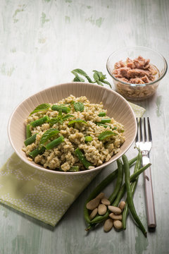 cold rice salad with tuna greenbeans almond and mint