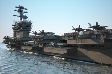 Naklejka premium Navy aircraft carrier angled view, with a large compartment of jet aircraft and crew.