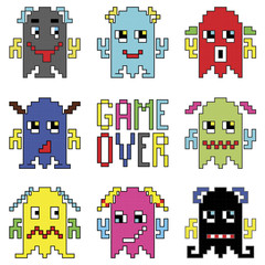 Pixelated robot emoticons with game over sign inspired by 90's computer games showing different emotions  
